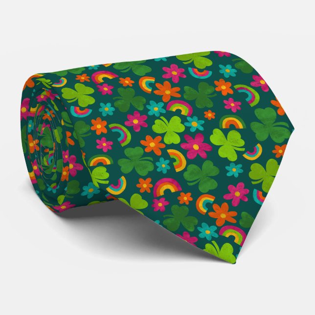 Shamrocks, Flowers and Rainbows St. Patrick's Day Tie (Rolled)