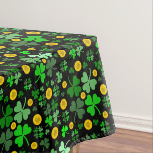 Shamrocks Gold Coins On Black For St Patrick's Day Tablecloth