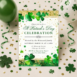 Shamrocks & Gold Glitter Accents St Patrick's Day Invitation