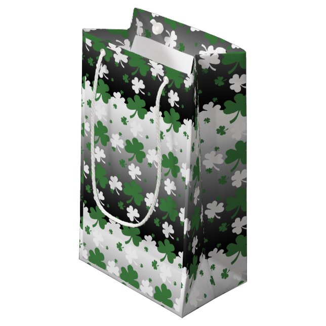 Shamrocks, Green and White on Gradated Field Small Gift Bag (Front Angled)