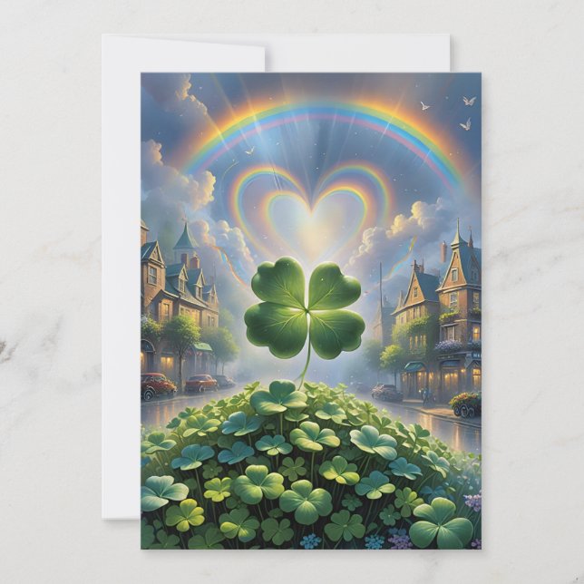 Shamrocks in a village with a rainbow in the sky holiday card (Front)