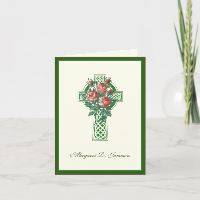 Shamrocks Irish Celtic Cross Red Roses Condolence Thank You Card (Front)