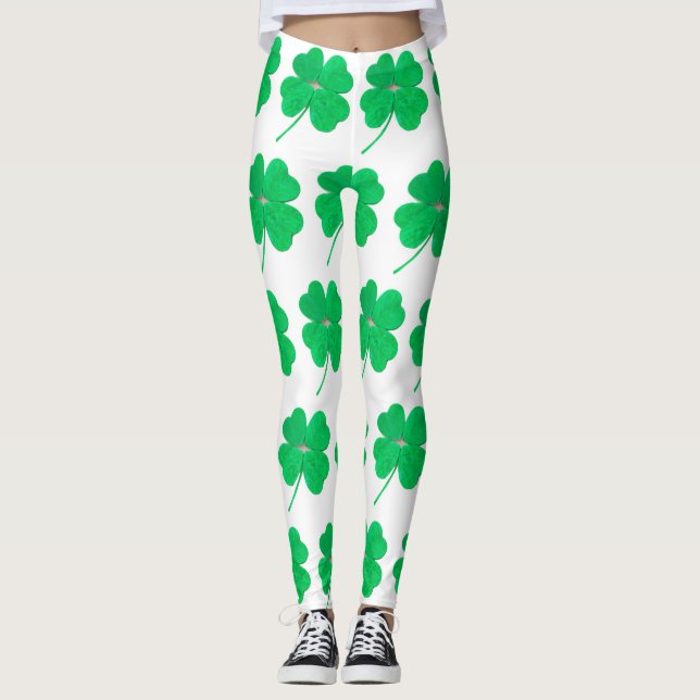 Shamrocks Irish Green St. Patricks Day White Leggings (Front)