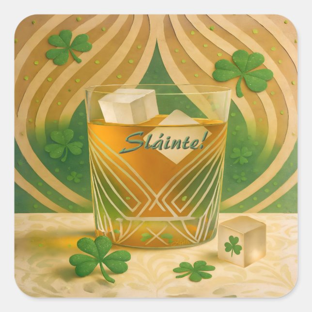 Shamrocks Irish Whiskey Tumbler "Sláinte!" Square Sticker (Front)