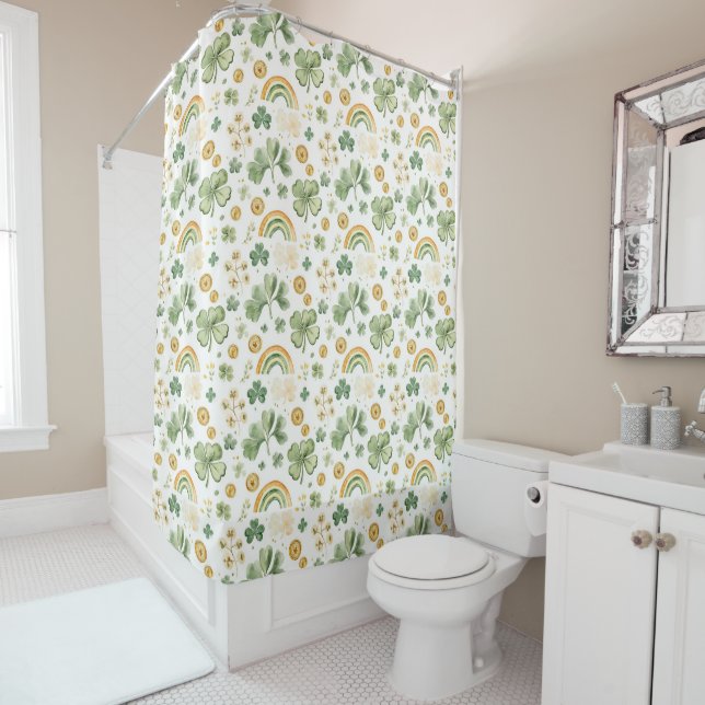 Shamrocks, Rainbows & Gold Coins Pattern  Shower Curtain (In Situ)