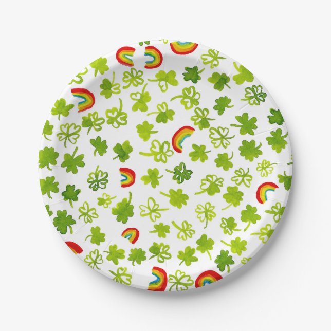 Shamrocks Rainbows Watercolor Ireland ST PATRICKS  Paper Plate (Front)