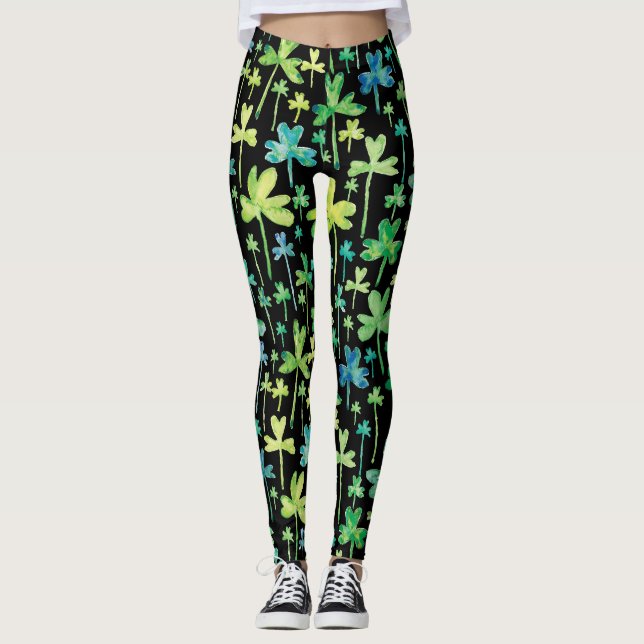 Shamrocks St. Patrick's Day Green Black Leggings (Front)