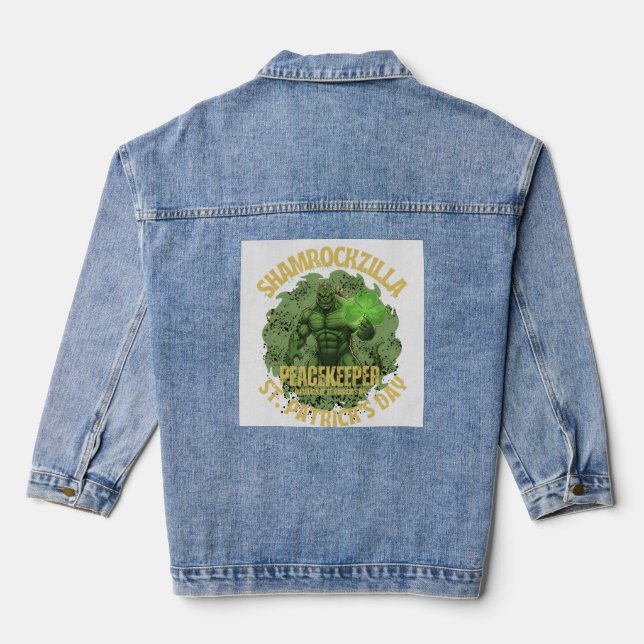 Shamrockzilla Peacekeeper: St. Patrick’s Day Kaiju Denim Jacket (Back)