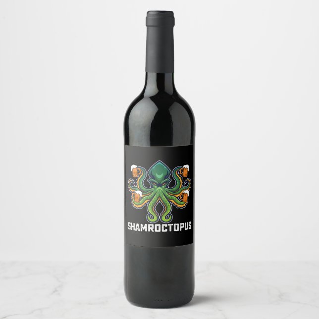 Shamroctopus Octopus Lover St Patrick's Day Wine Label (Front)