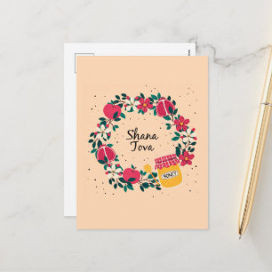 Shana Tova Floral Wreath Rosh Hashanah Apples Holiday Postcard