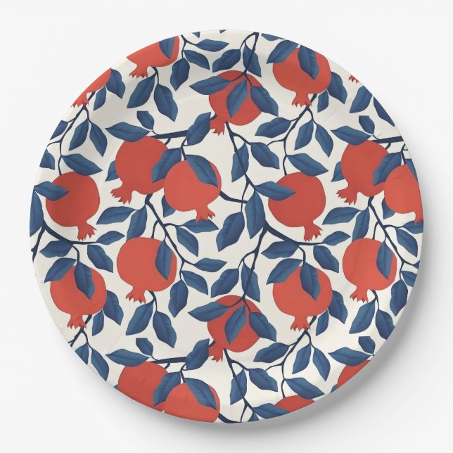 Shana Tova Pomegranate Botanical Design | Elegant Paper Plate (Front)