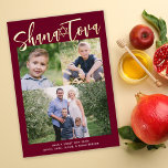 Shana Tova Rosh Hashana Jewish Holiday Photo Foil<br><div class="desc">This Rosh Hashanah holiday photo card features a deep burgundy red colour background and the greeting "Shana Tova" in gold foil. This design accommodates three photos, one horizontal and two square photo. On the back you will find a coordinating tan background. Further customise this design by adding another photo and/or...</div>