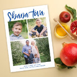 Shana Tova Rosh Hashanah Multi-Photo Holiday Photo Card<br><div class="desc">This modern Rosh Hashanah photo card features a simple white background with modern calligraphy script in blue. The greeting on the front says "Shana Tova". It accommodates three photos (two square and one horizontal). On the back there is a coordinating blue background which can be removed or customised. Design Tip:...</div>