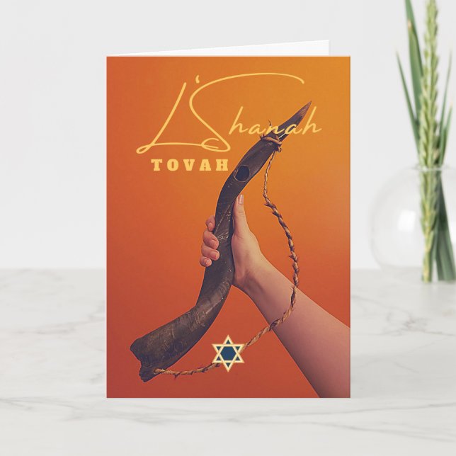 Shanah Tovah Holding the Shofar Star of David Card (Front)