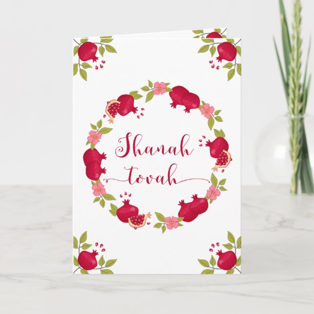Shanah Tovah New Year Pomegranate Flower Wreath Holiday Card (Front)