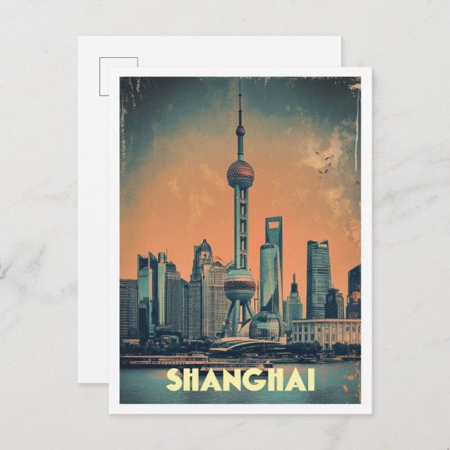 Shanghai China Art Vintage Travel Illustration Postcard (Front/Back)