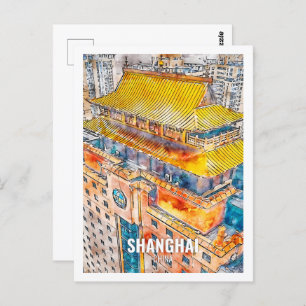 Shanghai China Famous Travel Place Watercolor Postcard
