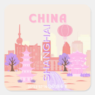 Shanghai China Pastel Travel Art Square Sticker