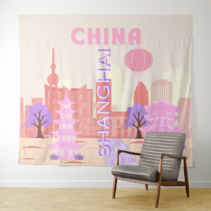Shanghai China Pastel Travel Art Tapestry