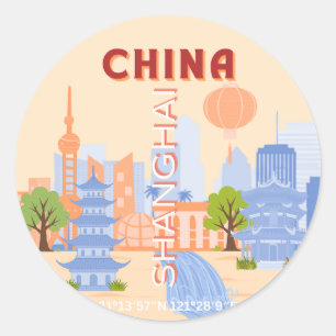Shanghai China Retro Pastel Travel Art Classic Round Sticker