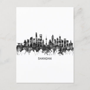 Shanghai China Skyline BW Holiday Postcard