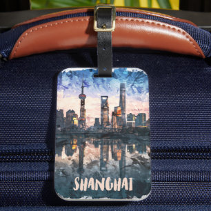 Shanghai China Skyline Watercolor Art Print Luggage Tag