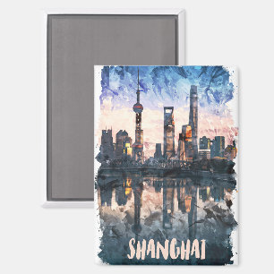 Shanghai China Skyline Watercolor Painting Magnet