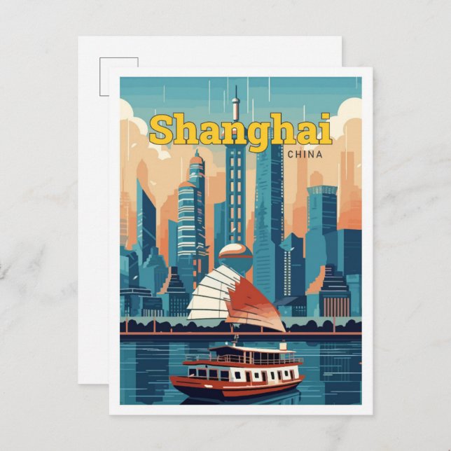 Shanghai China Travel Art Vintage Illustration Postcard (Front/Back)