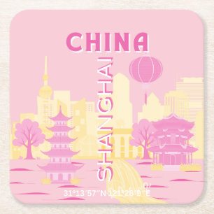 Shanghai China Travel Pink Poster Square Paper Coaster