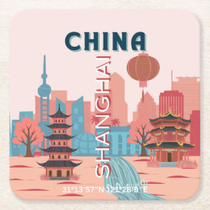 Shanghai China Travel Retro Vintage Poster Square Paper Coaster