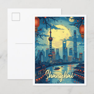 Shanghai China Vintage Art Travel Illustration Postcard