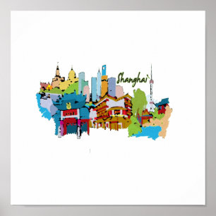 shanghai city watercolored muted colours poster