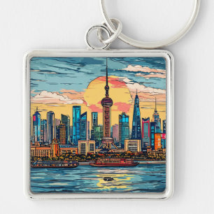 Shanghai city Waterfront Skyline at Sunset Key Ring