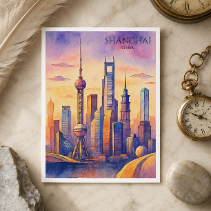 Shanghai Skyline China Travel Watercolor Holiday Postcard