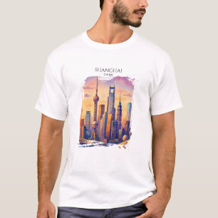 Shanghai Skyline China Travel Watercolor  T-Shirt