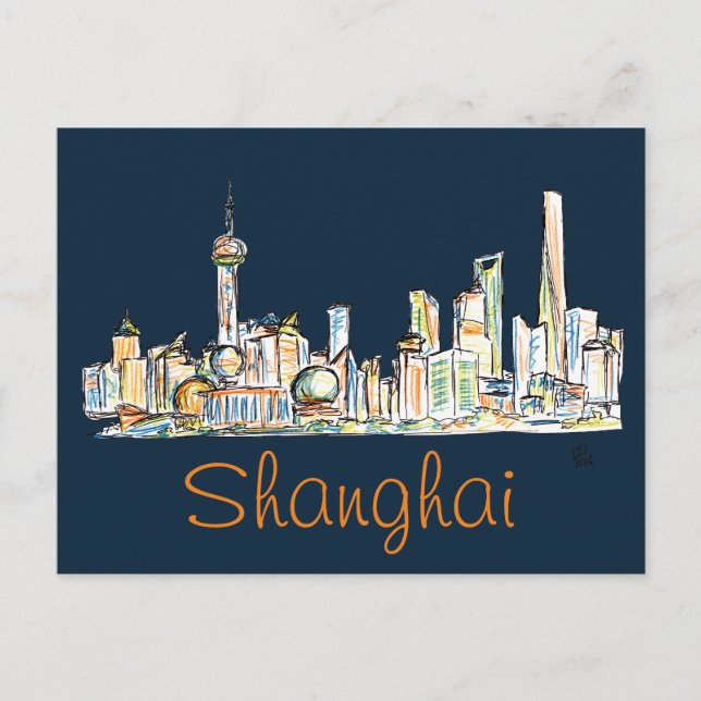Shanghai Skyline Drawing Postcard (Front)