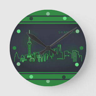 Shanghai Skyline Green Neon Look Cityscape Wall Round Clock