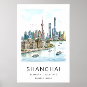 Shanghai Skyline Wall Art, Watercolor Cityscape Poster
