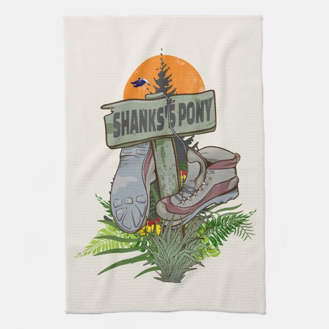 Shanks's pony old hiking boots tea towel (Vertical)