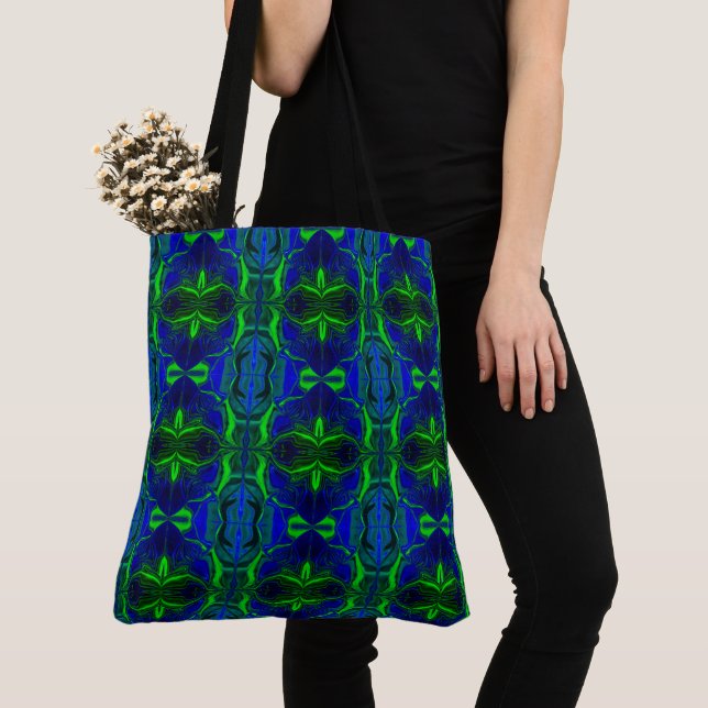 Shapes, 'green strokes float' over blue background tote bag (Close Up)