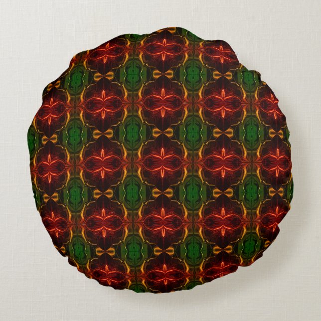 Shapes of "red strokes float" on green background round cushion (Back)