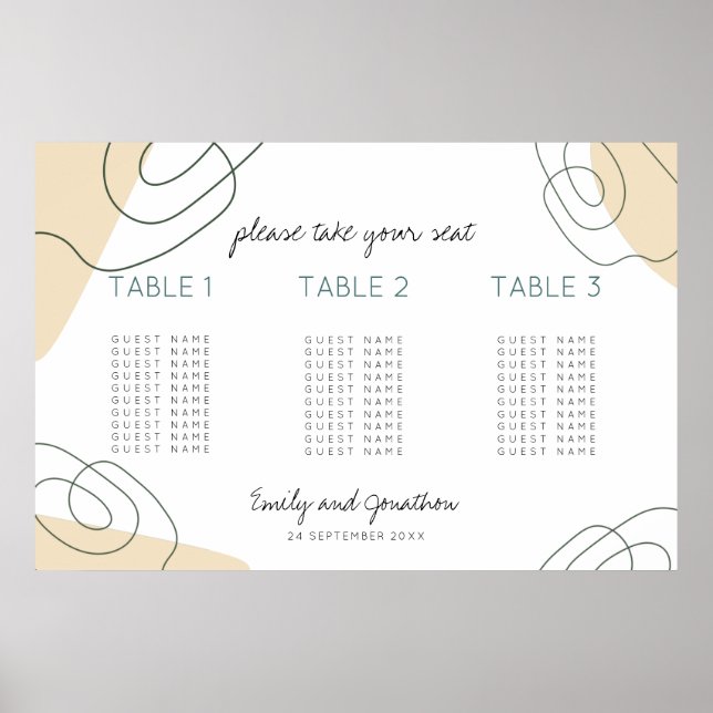 Shapes Script 3 table Small Wedding seating chart (Front)