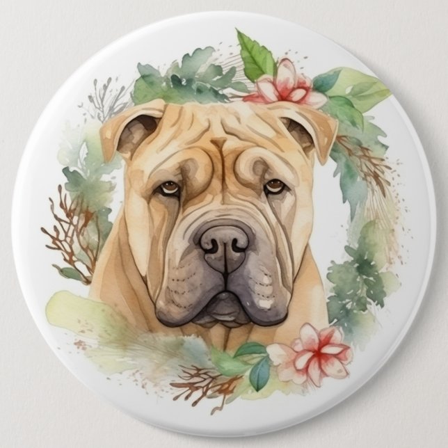Shar Pei Christmas Wreath Festive Pup  6 Cm Round Badge (Front)