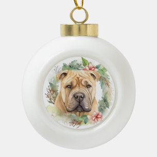 Shar Pei Christmas Wreath Festive Pup  Ceramic Ball Christmas Ornament