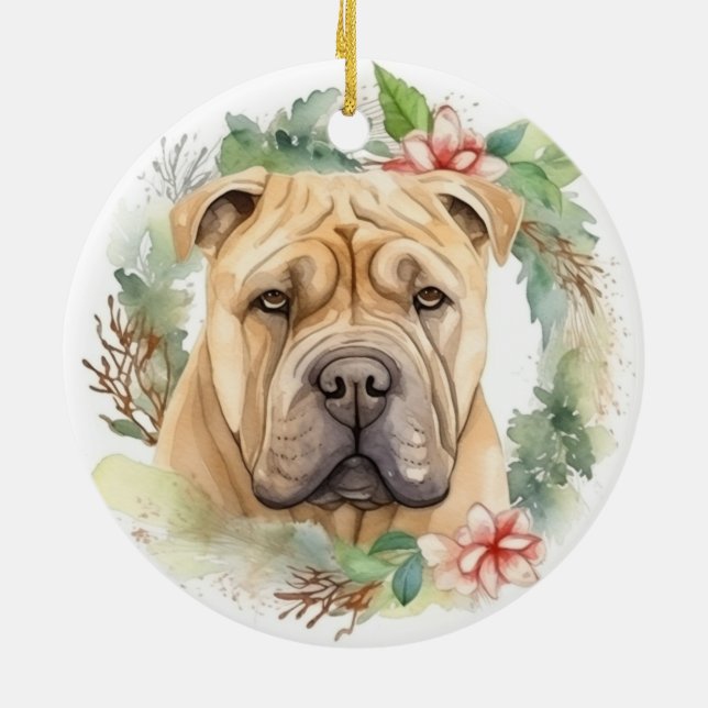 Shar Pei Christmas Wreath Festive Pup  Ceramic Ornament (Back)