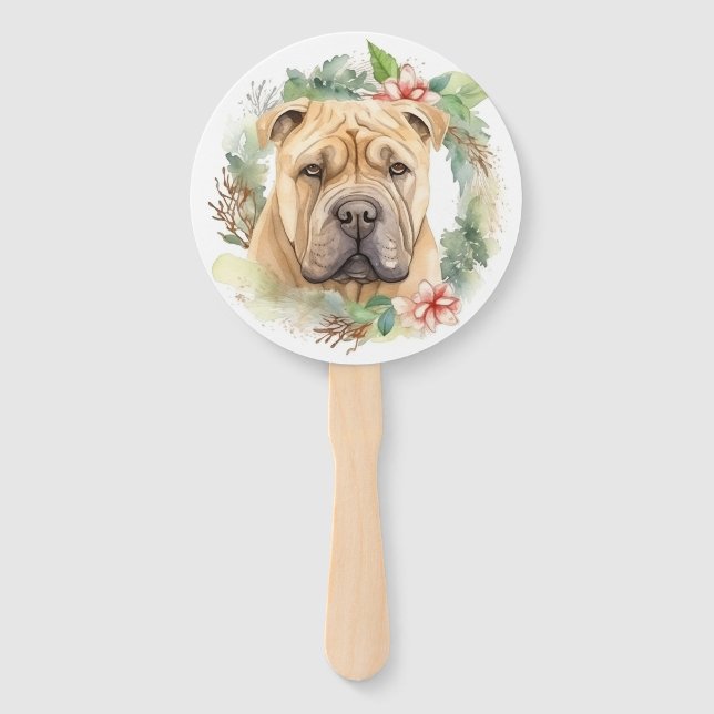 Shar Pei Christmas Wreath Festive Pup  Hand Fan (Front)