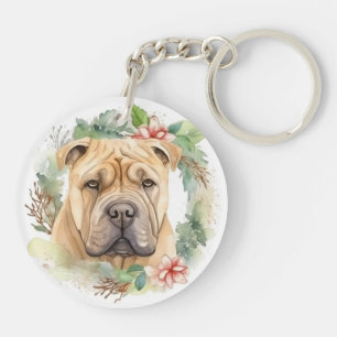 Shar Pei Christmas Wreath Festive Pup  Key Ring