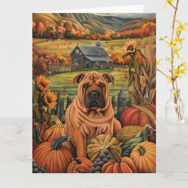 Shar Pei Dog Autumn Harvest Thanksgiving Card (Yellow Flower)