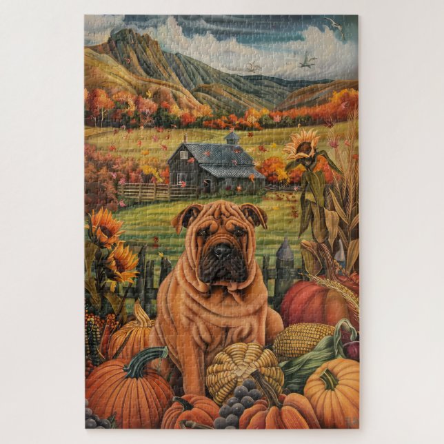 Shar Pei Dog Autumn Harvest Thanksgiving Jigsaw Puzzle (Vertical)