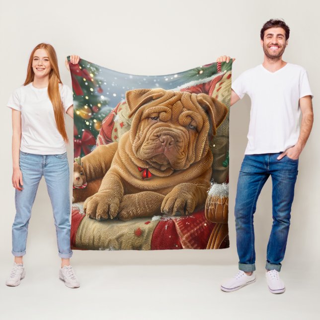 Shar Pei Dog Christmas Festive Fleece Blanket (In Situ)
